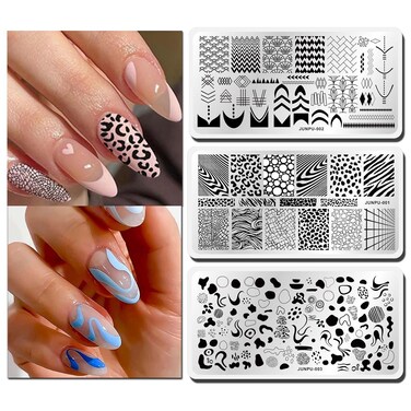 French Nail Stamping Plate - 3pcs Metal Nail Stamp Plates Set for Nails Art Design Geometric Leopard Print Abstract Stripes Swirl Line Graffiti Plaid Image Stamps Stencils 12x 6cm