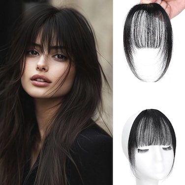 Clip In Bangs 100% Real Human Hair Bangs Hair Clip Thin Bangs On Hairpiece On Air Bangs With Temple Wispy Bangs Hair Extensions for women Daily Use Hair Accessories（Natural black）