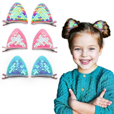 6 Pcs Glitter Cat Ear Hair Clips with Metal Clips - Stylish Hair Accessory for Girls
