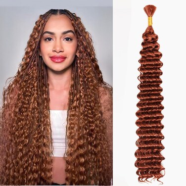 Deep Wave Bulk Braiding Hair Extensions-20 Inches 8 Pakcs Ginger Synthetic Curly Hair Bundle for Braiding,No Weft Braids for Human（20"-8 Packs,350#）