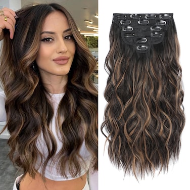 Clip in Hair Extensions, 6 PCS Natural &amp; Soft Hair &amp; Blends Well Lonng Wavy Hairpieces(20inch, 6pcs, Black&amp;Dark mix light brown)