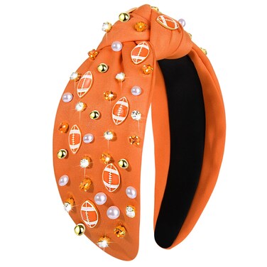 NVENF Football Headband (Orange 1) - Women's Game Day Knotted Headband with Football Charms and Crystal Gems, Perfect for Football Mom Accessories and Sport Hair Accessory