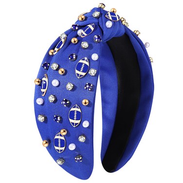 Jeweled Rhinestone Crystal Wide Top Knot Headband for Women - Football Mom Accessories, Sport Hair Accessory (Blue)