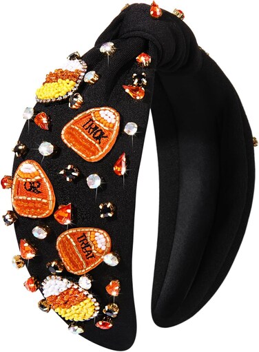 mokkia Halloween Headband for Women Halloween Accessories Gothic Beaded Pumpkin Candy Corn Knotted Headband Party Favors