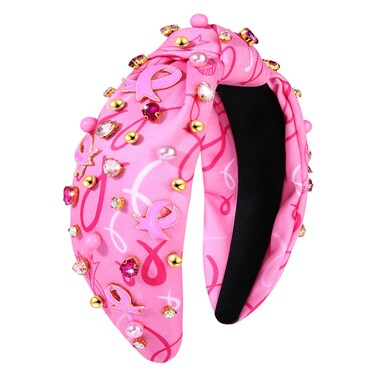 Breast Cancer Awareness Headband Pink Ribbon Headband Rhinestone Crystal Pearl Knotted Headband Beaded Jeweled Embellished Wide Top Knot Headbands Breast Cancer Survivor Accessories Gifts (Pink Ribbon