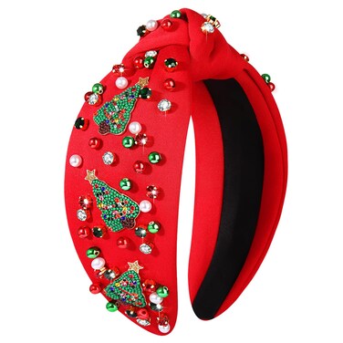 Mokkia Festive Xmas Tree Headband - Red &amp; Green Jeweled Rhinestone Pearl Knotted Headband for Women - Christmas Gifts