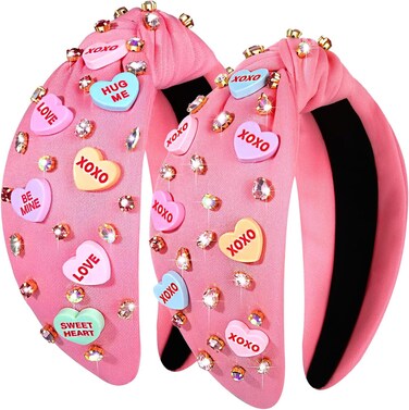 mokkia Valentine&rsquo;s Day Headband Accessories for Women Conversation Heart Headband Red Pink Rhinestone Knotted Headband Gifts