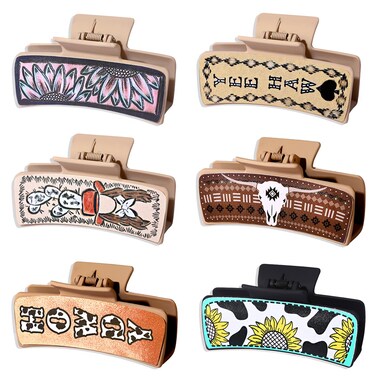 4/6PCS Western Hair Claw Clip for Women, Cowgirl Hat Boot Large Hair Clips, Large Leather Hair Claws Nonslip Leopard Sunflower Hair Jaw Clamps for Thick Thin Hair (6PCS B)