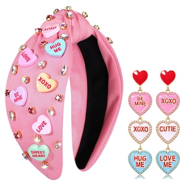 Valentine&rsquo;s Day Headband for Women Love XOXO Heart Headbands Jeweled Conversation Heart Knotted Headband Pink Red Rhinestone Crystal Top Knot Headband Valentine&rsquo;s Day Accessories Gifts (Pink Set 1)