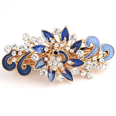 Women's Multilayered Peacock Shaped Rhinestone French Barrette Hair Clip Blue