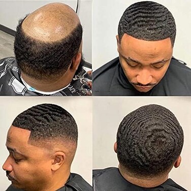 HAPPY&amp;CC 12mm Man Weave Hair Unit Black Men Afro Curly Toupee Full Poly Skin Pu Mens Toupee Human Hair System for Men Hair Piece