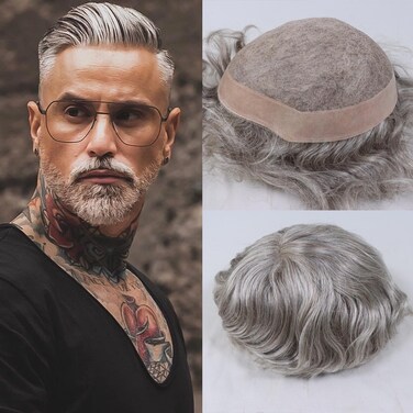 HAPPY&amp;CC Grey Hair Toupee For Men Mens Toupee Human Hair Replacement System 8x10inch 20% #5 Real Human Hair With 80% Gray Hair Piece For Men Fine Mono With Npu Male Toupee