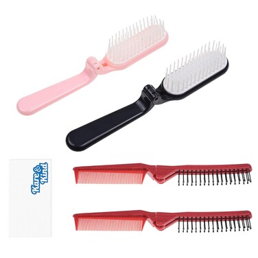 Kare &amp; Kind 4x Foldable Hairbrush and Comb - Pocket-Sized Grooming Tool for Travel - Fine and Wide Tooth Anti-Static Comb and Brush - For Straight, Curly, Fine, Thick Hair - Home, Purse, Gym, Bag, Car