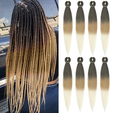 Ombre Braiding Hair Pre Stretched 30 Inch Brown Blonde 8 Packs Easy Braids Hot Water Setting Synthetic Braiding Hair Extensions Crochet Hair Braiding Twist(30 inch-8Pcs, 1B-27-613)