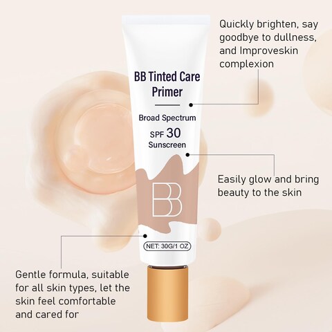 BB Blur Tinted Moisturizer SPF 30, BB Cream Tinted Moisturizer with Broad Spectrum SPF, BB Tinted Care Primer with Brush,Full Coverage Light-Medium Skin Color-Hydrates-Smooths Your Skin(Natural color)