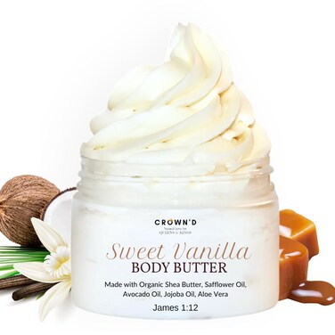 CROWN'D Sweet Vanilla Whipped Shea Body Butter, Lightweight, Long-lasting, Hydrating Moisturizer with Natural Shea Butter for Nourishing Essential Body Care, 4 OZ