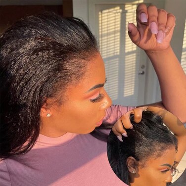 Enoya Lace Front Wigs Human Hair Pre Plucked for Black Women 200 Density Bleached Knots,Kinky Straight Human Hair Wig with 4C Curly Edge Baby Hair(18", 13x4 HD Lace Frontal Wig)