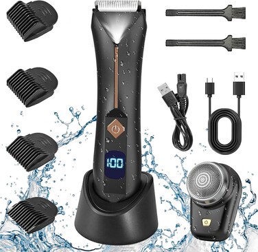 HWTONG Body Hair Trimmer for Men, Portable Mini Shaver, Pubic/Groin Hair Trimmer with LCD Display 4 Guide Combs, 2 Cleaning Brush, LED Light, Ideal Grooming Kit Gift for Men