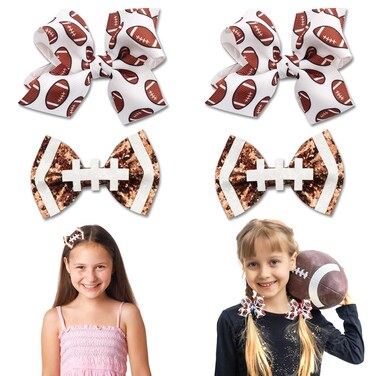 4 Pack American Football Hair Bows Clips Football Faux Leather Bowknot Hair Clips Boutique Grosgrain Ribbon Hair Pins for Girls Women Sports Theme Party Game Costume Hair Accessories Supplies