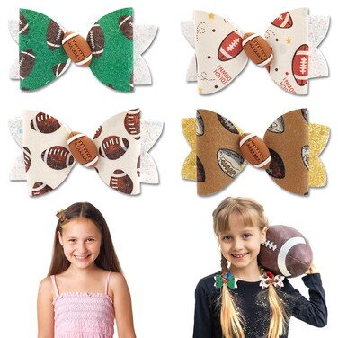4 Pack American Football Hair Bows Clips Football Bowknot Hair Clips Glitter Faux Leather Boutique Hair Pins Accessories for Women Sports Theme Party Sports Game Costume Hair Accessories Supplies