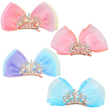 Rhinestone Crown Barrettes and Hair Clips Set - Princess Birthday Headband, Ribbon Bows with Alligator Clips for Women and Girls' Hair Styling
