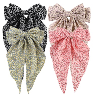 4PCS Floral Big Ribbon Hair Bows, Oversized Long-tail Hair Clips, Large Hair Barrettes, for Women and Girls Hair Styling Accessories, Black, Red, Green, Purple