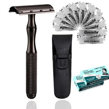 Double Edge Safety Razor, Safety Razors for Men with 10 Blades, 1 Travel Safety Razor Case, Non-slip Double Edge Razor Smooth Close Shave, Heavy Duty Metal Razor (Black)