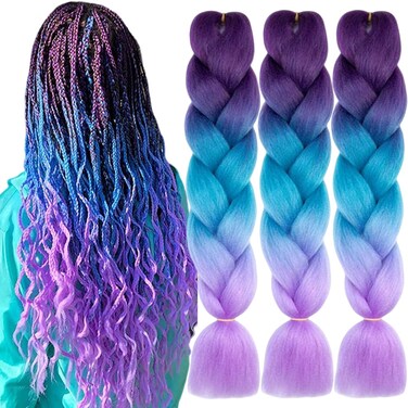 Purple Lake Blue Light Purple Braiding Hair 3Packs 24 Inch Synthetic Braid Hair Extensions Jumbo Ombre Braiding Hair Box Braids Twist Crochet Braids(24"3Pack,purple lake blue light purple)