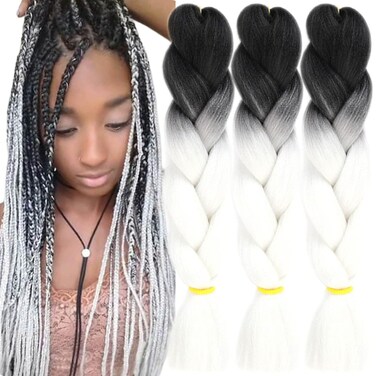 Black to White Braiding Hair 3 Packs Synthetic Braid Hair Extensions Jumbo Ombre Braiding Hair 24 Inch or Box Braids Twist Crochet Braids(24"3Pack,Black to White)