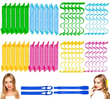 48PCS Hair Curlers Heatless Spiral and Wave Two Styles Formers(12inch) No Heat Curlers with 4PCS DIY Styling Hooks for Women and Girls&rsquo;Short or Medium Hair (12 inch)