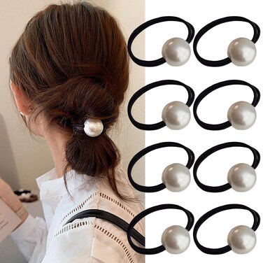 FULYA 8 PCS Pearl Hair Scrunchies,White Pearl Elastic Hair Scrunchies,Pearl Hair Tie,Pearl Ponytail Holder Hair Ropes,Elegant Pearl Hair Accessories for Women Girl