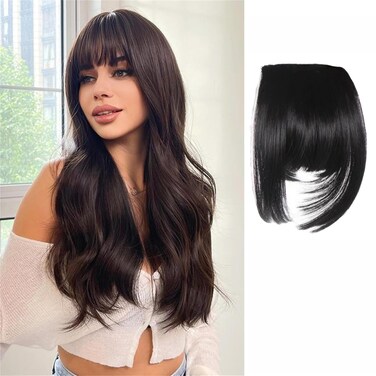 Clip in Bangs, Synthetic French Bangs Hair Clip, Fake Bangs Fringe with Temples Hairpieces for Women Natural Curved Bangs Clip in Hair Extensions for Daily Wear