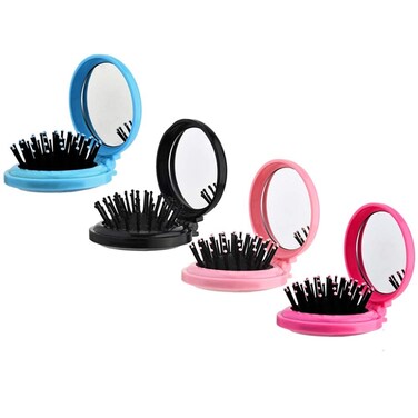 4 Pcs Pocket Hair Brush with Mirror Folding Round Travel Hair Brush Mini Hair Comb Compact Travel Size Hair Massage Combor for Women and Girls