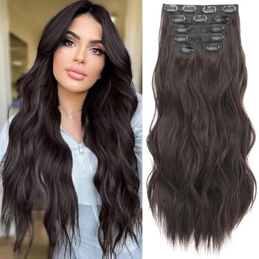 Clip in Hair Extensions for Women - 20 Inch Long Wavy Brown Extensions, 6PCS Dark Brown Hairpieces that Blend Naturally with Your Real Hair (20 Inch, Dark Brown)