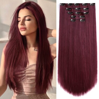 Burgundy Clip in Extension Straight 22" Long Synthetic Thick Clips on Hair Piece for Women 5PCS Black Curly Wavy 18" Cheap Brown Red White Soft Natural Full Head Weddings Party Daily Use 5 Oz