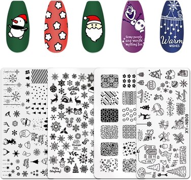 4 Pieces Christmas Nail Stamping Plates, Christmas Nail Art Plates Santa Reindeer Tree Snowman Snowflake Winter Plate Nail Art Design Stamp Kit Manicure Template Mold New Year Stencils Painting Tool