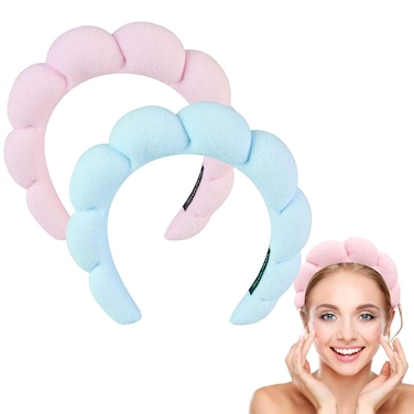2 Pack Spa Headband for women, Cute Hair Band for Women Shower, Sponge Terry Cloth Headband, Suitable for Skin Care, Face Wash Makeup, Hair Accessories (Pink &amp; Blue)