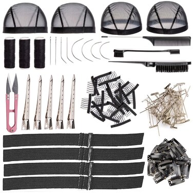 118 Pieces Wig Caps Wig Installation Kit Stretchable Mesh Dome Caps Wig Making Kit Accessory Thread with Needle Wig Combs Metal Hair Clips Adjustable Elastic Bands Wig Straps Wig Install Kit