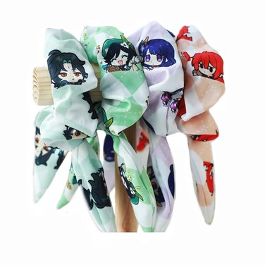 4 Pcs Anime Hair Scrunchies Genshin Impact Hair Ties With Bow Figure Xiao Venti Shogun Diluc Ponytail Holder For Woman And Girls Daily Wear, Genshin Cosplay Hair Accessories, 4 Counts (Pack of 1)