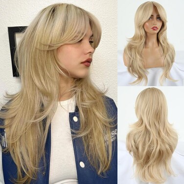LEOSA Blonde Wig with Bangs - Wavy Strawberry Blonde to Honey Ombre, Long Straight &amp; Wavy, Layered &amp; Curtain Bangs