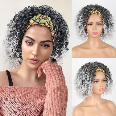 Headband Wig Afro Kinky Curly for Black Women Short Gray Wigs with Headbands Attached Synthetic Afro Wig Head Band Wig Half Wigs for Black Women Curly Headband Wig