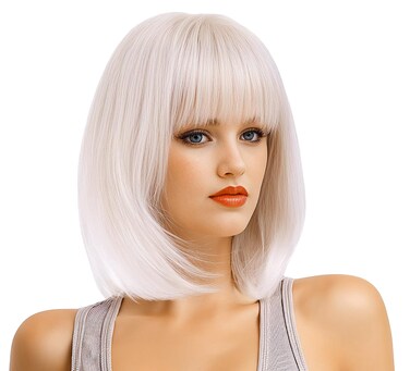 Rugelyss Creamy Champaign White Short Platinum Bob Wig with Bangs Ombre to Blonde Hair Synthetic Heat Resistant 12 Inch Wigs for Women