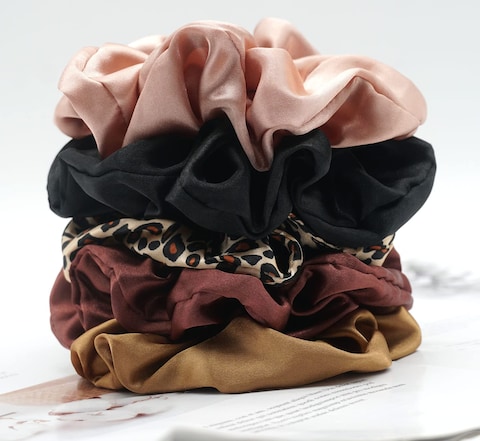 Velvet Scrunchies Pack: Soft Pastel Solid Colors &amp; Cheetah/Leopard Prints, Large Hair Ties and Elastics for Ponytails, Holiday Fashion (5 pcs) (Style 1-Five Big Silky Scrunchies)