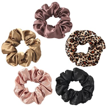 Velvet Scrunchies Pack: Soft Pastel Solid Colors &amp; Cheetah/Leopard Prints, Large Hair Ties and Elastics for Ponytails, Holiday Fashion (5 pcs) (Style 1-Five Big Silky Scrunchies)