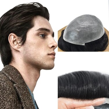 Ultra Thin Skin Toupee For Men Hair Piece Real Human Hair System For Men 0.06MM Poly Skin Mens Toupee Hair System Hairpiece For Men V-looped 8x10 90% Light density1B# OFF BLACK