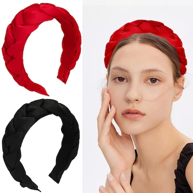 2 Pack Braided Headband for Women Girls, Black Red Head Bands Wide Thick Hairhoop Fashion Criss Cross Hair Accessories
