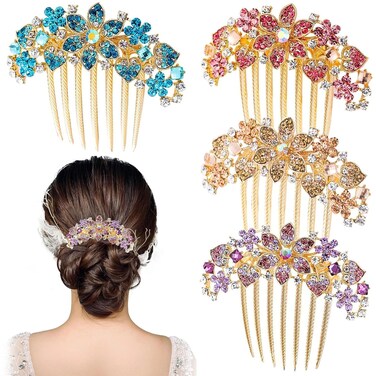 4 PCS Rhinestone Inlaid Flower Hair Comb for Women Girls Floral Hair Side Combs Sparkle Crystals Hair Pin Bridal Wedding Hair Accessories for Christmas, Parties, Prom, Dance