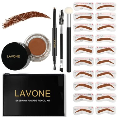 LAVONE Eyebrow Stamp Stencil Kit - Brow Stamp Trio with Waterproof Pencil, Pomade, 20 Stencils, Dual-ended Brush and Sponge Applicator - Caramel