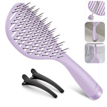 Hair Brush, Curved Vented Hairbrush Faster Blow Drying, Detangler Brush with a Built in Brush Cleaner, Hair Clips and Magnetic Holder, for women Men &amp; Kids, Detangling Brush for All Hairs - Purple