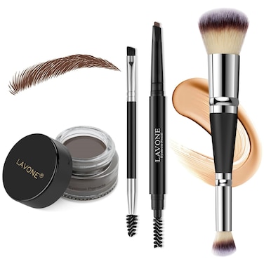 LAVONE Eyebrow Pencil Makeup Kit for Eyebrow Makeup, Make up Brow Kit with Waterproof Eyebrow Pencil, Eyebrow Pomade, Foundation &amp; Concealer Brush and Dual-ended Eyebrow Brush - Ebony